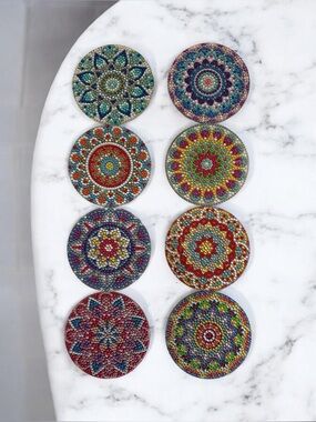 Vibrant Handmade Mandala Coasters Set 8 Piece With Holder